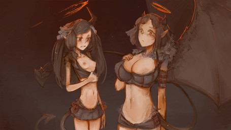 accessory armband bangs big_breasts black_hair bottomwear breast_envy breast_size_difference breasts broken_horn brown_eyes cleavage clothed clothing clothing_pull comparing comparing_breasts duo female hair hair_accessory hair_tie halo horn huge_breasts humanoid_pointy_ears long_hair membrane_(anatomy) membranous_wings miniskirt navel nipples not_furry pointy_ears shirt shirt_pull skimpy skirt small_breasts small_waist spade_tail standing tail topwear topwear_pull wings syvaron avy_(syvaron) demon demon_humanoid humanoid 16:9 hi_res widescreen