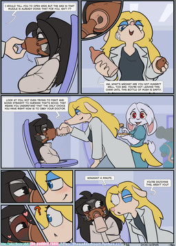 anthro asylum baby_bottle bdsm bondage bound diaper doctor feeding female female/female gag group high_chair hospital medical muzzle_gag restraints straitjacket text the_padded_room esmeralda_kingsley ludivine_laminelle canid canine mammal procyonid raccoon absurd_res comic english_text hi_res