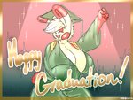 anthro big_breasts biped breasts butt cleavage clothed clothing cotton_tail excited eyes_closed female graduation hair hand_on_breast hanging_breasts huge_breasts nipple_outline open_mouth orange_body pokemorph robe simple_background smile solo sparkles spiral_eyes spotlight square_academic_cap swirl tassle text thick_thighs tongue wide_hips wingedwilly nintendo pokemon sammy_(spindaspinda) bear generation_3_pokemon mammal pokemon_(species) spinda 4:3 digital_media_(artwork) english_text