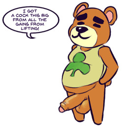 anthro big_penis bottomless chibi clothed clothing eyebrows foreskin genitals humanoid_genitalia humanoid_penis male penis shirt solo tank_top text thick_eyebrows topwear daxhush animal_crossing nintendo teddy_(animal_crossing) bear mammal english_text low_res