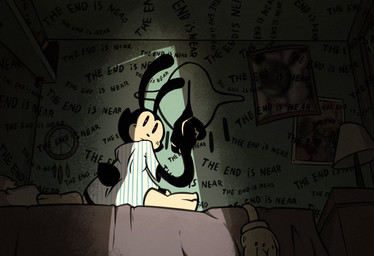 anthro bed black_body black_ears black_eyes black_fur black_nose black_tail book clothed clothing door_opening drawer drawing_(action) drawing_on_wall dreamcatcher facial_tuft female female_anthro fingers fur fur_tuft furniture furniture_lamp gloves handwear horror_(theme) inside lights looking_back on_bed painting_(object) pajamas pattern_clothing pillow pink_pupils pupils rubber_hose_style scut_tail shaded_background shelf short_tail sitting sitting_on_bed solo striped_clothing stripes tail text text_on_wall toony toony_eyes tuft bav bon_(bav) inkblot lagomorph leporid mammal rabbit digital_media_(artwork) english_text