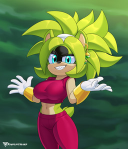 anthro blue_eyes breasts clothed clothing cosplay crossover_cosplay ear_piercing ear_ring fangs female fur green_body green_fur hair happy looking_at_viewer multicolored_body multicolored_fur piercing ring_piercing smile smiling_at_viewer solo spiky_hair surgical_suture tail teeth two_tone_body two_tone_fur byghosteduard idw_publishing sega sonic_the_hedgehog_(comics) sonic_the_hedgehog_(idw) sonic_the_hedgehog_(series) kefla surge_the_tenrec afrosoricid mammal tenrec absurd_res crossover hi_res