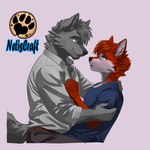 anthro blue_eyes blush clothing duo fur green_eyes grey_body grey_clothing grey_fur grey_hair grey_shirt grey_topwear hair hug male male/male red_body red_fur red_hair relationship romantic romantic_couple shirt short_hair topwear netiscraft canid canine canis mammal wolf 1:1 hi_res