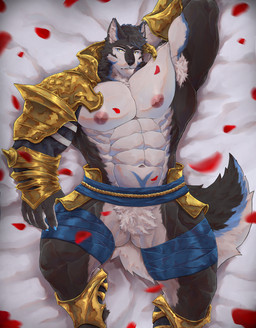 abs anthro armor bed_sheet bedding black_body black_fur blue_eyes blue_highlights flower fur highlights_(coloring) male muscular muscular_anthro muscular_male navel nipples pecs plant rose_(flower) solo white_body yellow_eyes newton_2305 thunderrangers archermagnum canid canine canis mammal wolf absurd_res hi_res