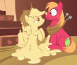 clothing cowboy_hat duo female feral hat headgear headwear male sauce sitting slime what_has_magic_done badumsquish friendship_is_magic hasbro my_little_pony applejack_(mlp) big_macintosh_(mlp) earth_pony equid equine goo_creature horse mammal pony 2015 absurd_res hi_res