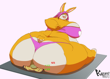 anthro big_breasts big_butt blue_eyes bra breasts butt clothing duo facesitting female fur hair huge_breasts huge_butt looking_back male open_mouth overweight overweight_female pink_bra pink_clothing pink_hair pink_underwear simple_background sitting_on_another smile underwear white_background white_body white_fur yellow_body yellow_fur kazecat jiggly_(kazecat) lagomorph leporid lizard mammal rabbit reptile scalie 2014 signature