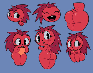 4_fingers anthro big_butt black_eyes black_nose blue_background blush blush_lines bodily_fluids breasts buckteeth butt butt_shot countershade_torso countershading eyelashes eyes_closed featureless_breasts featureless_chest featureless_legs female female_anthro fingers fur gesture glistening glistening_butt hand_gesture hand_on_cheek hands_on_own_cheeks happy heart_nose heart_symbol looking_aside looking_back open_mouth open_smile orange_body orange_countershading pointing quills_(anatomy) red_blush red_body red_butt red_fur red_quills red_tail red_tongue short_tail simple_background smile solo standing sweat sweaty_face tail teeth thick_thighs tongue wide_hipped_anthro wide_hipped_female wide_hips yopy happy_tree_friends flaky_(htf) mammal porcupine rodent 2025 digital_media_(artwork) hi_res