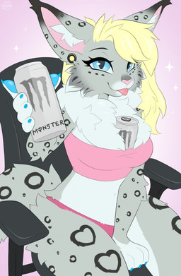 5_fingers anthro between_breasts black_eyebrows black_markings blep blonde_hair blue_eyes blue_pawpads breasts can cheek_tuft clothing container crop_top ear_piercing eyebrows eyelashes facial_tuft fangs female fingers fur grey_body grey_fur hair holding_can holding_container holding_object inner_ear_fluff long_hair looking_at_viewer markings navel panties pawpads piercing pink_clothing pink_crop_top pink_nose pink_panties pink_shirt pink_topwear pink_underwear shirt simple_background sitting solo spots spotted_body spotted_fur tail teeth tongue tongue_out topwear tuft underwear white_body white_fur eloya_art monster_energy felid feline lynx mammal 2026 colored digital_drawing_(artwork) digital_media_(artwork) flat_colors hi_res