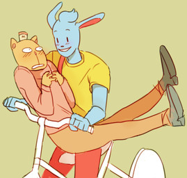 anthro bicycle blue_body blue_fur blush bottomwear clothed clothing duo footwear fur happy hat headgear headwear male pants shirt shoes simple_background smile text text_on_clothing text_on_hat text_on_headwear topwear vehicle what wide_eyed unknown_artist undertale undertale_(series) burgerpants nicecream_man felid lagomorph leporid mammal rabbit absurd_res digital_media_(artwork) hi_res source_request