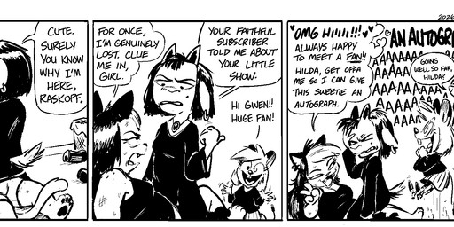 annoyed anthro beverage bottomwear buckteeth clothed clothed_anthro clothed_female clothing dialogue ear_piercing ear_ring energy_drink eyewear facepalm female fully_clothed fully_clothed_anthro fully_clothed_female gesture glasses group hair hand_gesture horn innuendo librarian long_hair magic_user markings messy_hair metal_legs mole_(marking) mole_on_cheek monster_energy_can monster_energy_logo on_top piercing ring_piercing robe robot_legs screaming scuff_marks sharp_teeth shrieking sitting sitting_on_another skirt slightly_chubby slightly_chubby_anthro slightly_chubby_female smug speech_bubble sweater teeth text topwear usb_tail v_sign wearing_glasses witch mellodillo monster_energy cole_(mellodillo) gwen_(mellodillo) hilda_(mellodillo) portia_(mellodillo) afghan_hound bovid canid canine canis caprine domestic_cat domestic_dog felid feline felis goat hunting_dog mammal mouse murid murine rodent sighthound 2026 comic english_text hi_res monochrome multiple_scenes