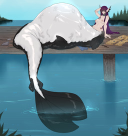 after_vore belly big_belly blue_sky breasts female female_pred group hair larger_pred medium_breasts multiple_prey nipples outside overweight purple_hair sea size_difference sky split_form vore water 4kkc marine merfolk 2021 hi_res