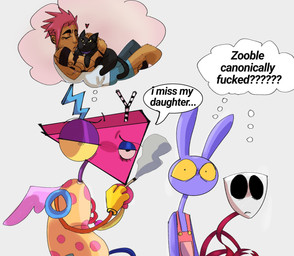 ambiguous_gender anthro biped black_body black_fur brown_body brown_skin cigarette cigarette_smoke dialogue eyes_closed fur group hair heart_symbol holding_cigarette holding_object hug hugging_another humor imagination inner_monologue looking_at_another male mask misunderstanding mouthless multicolored_body narrowed_eyes pink_hair profanity purple_body purple_fur quadruped sad shared_thought_bubble shocked simple_background smoke smoking smoking_cigarette speech_bubble surprised text thinking thought_bubble three-quarter_view trio white_background yellow_sclera rosapazl glitch_productions the_amazing_digital_circus gangle_(tadc) jax_(tadc) zooble_(tadc) animate_inanimate domestic_cat felid feline felis human humanoid lagomorph leporid living_mask living_toy mammal rabbit 2026 digital_drawing_(artwork) digital_media_(artwork) english_description english_text hi_res female_(lore) nonbinary_(lore)
