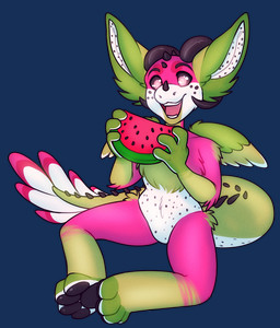anthro biped femboy food fruit fur holding_food holding_object horn male melon multicolored_body multicolored_fur pawpads plant simple_background sitting solo tail transparent_background watermelon watermelon_slice porin mythology dragon furred_dragon furred_scalie hybrid mammal mythological_creature mythological_scalie scalie alpha_channel digital_media_(artwork) shaded