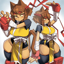 anthro big_breasts breasts brown_body clothed clothing female gloves hair handwear huge_hips legwear leotard martial_arts_uniform solo sportswear tail thick_thighs thigh_highs whiskers wide_hips vlizz gameoverse glitch_productions kit_bodega felid feline mammal absurd_res hi_res