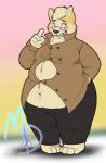 anthro belly blush butt button_(fastener) chubby_cheeks clothed clothing crumbs embarrassed eyewear fur glasses gradient_background hand_behind_back male moobs navel overweight overweight_anthro overweight_male simple_background smile solo standing straining_buttons tan_body tan_fur teeth thick_thighs tight_clothing wide_hips saonimorro canid canine canis domestic_dog herding_dog mammal pastoral_dog welsh_corgi