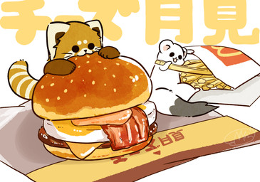ambiguous_gender biped brown_body brown_fur burger chibi dot_eyes duo eating feral food fries fur micro simple_eyes text white_body white_fur shi_nominmin ailurid mammal mustelid musteline red_panda stoat true_musteline weasel 2020 japanese_text