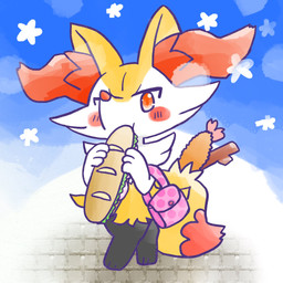 ambiguous_anthro ambiguous_gender anthro biped blush blush_stickers digitigrade dipstick_tail eating eating_food food holding_food holding_object holding_sandwich looking_at_viewer markings object_in_tail puffed_cheeks purse sandwich_(food) shrimp_(food) solo stick stick_in_tail tail tail_markings walking annyui0611 nintendo pokemon braixen canid generation_6_pokemon mammal pokemon_(species) 1:1 2024 full-length_portrait hi_res japanese_description portrait translated_description