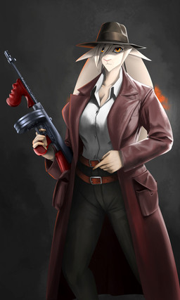anthro clothing coat collared_shirt dress_shirt fedora female gun hat headgear headwear holding_object holding_weapon prohibition_era ranged_weapon shirt solo submachine_gun thompson_gun topwear trenchcoat weapon thewyvernsweaver last_fables eni_siverets_(last_fables) hare lagomorph leporid mammal absurd_res hi_res