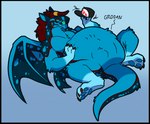 abdominal_bulge belly black_border border clothing fully_inside gradient_background hand_on_belly hat headgear headwear oral_vore rumbling_stomach simple_background tail tongue vore wings videos_or_whatever mythology haloren dragon mythological_creature mythological_scalie scalie