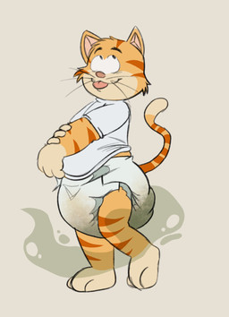 anthro blep clothed clothing diaper feces fur hair male soiled soiled_diaper solo stink_fumes tail tongue tongue_out unclean_diaper used_diaper possumkiddo thomson_(thomson_local) domestic_cat felid feline felis mammal digital_media_(artwork) hi_res