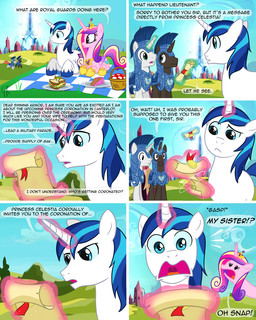armor basket blue_eyes blue_hair cake cloud container crown crystal_empire cutie_mark dessert dialogue feathered_wings feathers female feral food galea glowing gold_(metal) grass hair headgear helmet horn lying magic male multicolored_hair outside palace picnic plant purple_eyes quadruped sandwich_(food) scroll sky sparkles tail text tower wings glancojusticar friendship_is_magic hasbro my_little_pony mythology princess_cadance_(mlp) royal_guard_(mlp) shining_armor_(mlp) equid equine mammal mythological_creature mythological_equine unicorn winged_unicorn 2013 4:5 comic english_text hi_res