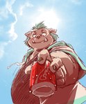 anthro belly beverage blue_hair blush clothing hair hoodie male offering_to_viewer overweight overweight_male soda solo topwear tusks takagi_kyou lifewonders tokyo_afterschool_summoners ganglie_(tas) mammal suid suina sus_(pig) wild_boar