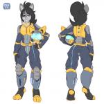 anthro armor black_hair blue_nose clothed clothing ear_tuft femboy fur grey_body grey_fur hair headgear helmet long_hair looking_at_viewer male rear_view red_eyes simple_background smile solo tuft cev battletech mechwarrior canid canine canis mammal wolf 1:1 2019 digital_media_(artwork) full-length_portrait model_sheet portrait