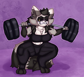 anthro big_breasts blush bodily_fluids bra breast_tuft breasts cheek_tuft clenched_teeth clothing crouching ear_piercing ear_ring exercise eyebrow_scar eyebrows facial_markings facial_scar facial_tuft female fur gloves_(marking) hair head_markings head_tuft inner_ear_fluff long_hair markings mask_(marking) multicolored_body multicolored_fur piercing purple_blush ring_piercing scar solo sports_bra striped_markings striped_tail stripes struggling sweat sweatdrop tail tail_markings teeth thick_eyebrows tuft underwear weightlifting workout yellow_eyes sludgecentric dutchy_(sludgecentric) mammal procyonid raccoon absurd_res hi_res