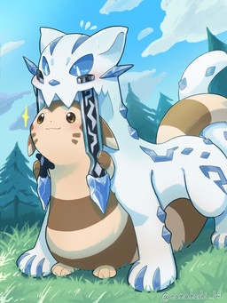 ambiguous_gender blue_nose blue_sclera blush bodily_fluids brown_body brown_ears brown_fur brown_tail cloud duo feral fur grass ice jagged_mouth melee_weapon outside paws plant smile sweat sweatdrop sword tail tree weapon white_body white_ears white_eyes white_tail wadorigi nintendo pokemon chien-pao furret generation_2_pokemon generation_9_pokemon legendary_pokemon pokemon_(species) 3:4 absurd_res hi_res