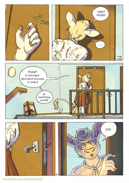 5_fingers anthro bag bottomwear breasts candlelight clothed clothed_anthro clothed_female clothing dialogue door ellipsis female fingers fur humanoid_hands knocking knocking_on_door light package page_number shirt skirt solo speech_bubble standing tail tan_body tan_fur text topwear kantachibli clover_(kantachibli) bovid bovine cattle mammal comic english_text hi_res url