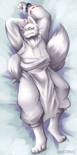 4_fingers anthro barefoot biped clothed clothed_anthro clothed_male clothing feet fingers fur male solo tail white_body white_clothing white_fur white_tail nurinaki gingitsune gintaro canid canine fox mammal 1:2 2015 colored hi_res signature