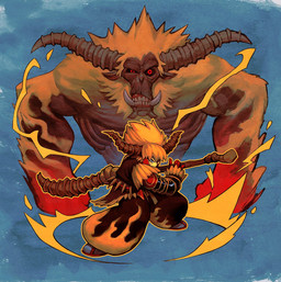 2_horns armor biped black_sclera blue_background clothed clothing duo feral fingers hair horn longsword melee_weapon orange_hair rajang_armor red_eyes simple_background sword tusks weapon yellow_body garrett_hanna capcom monster_hunter human mammal primatius rajang 2024 colored digital_media_(artwork) hi_res