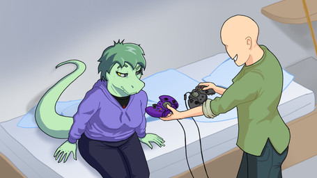 anthro bald bed bedding big_breasts biped black_clothing black_shirt black_topwear breasts clothed clothed_anthro clothed_female clothed_human clothed_male clothing controller disinterested duo female fingers freckled_face freckles furniture game_controller green_body green_hair grey_eyes hair half-closed_eyes hoodie human_on_anthro humanoid_hands inside interspecies male male/female narrowed_eyes non-mammal_breasts offering_to_another pillow purple_clothing purple_hoodie purple_topwear shirt short_hair sitting smile tail topwear xbox_controller yellow_sclera sebek_fereh_ra cavemanon_studios i_wani_hug_that_gator microsoft snoot_game xbox xbox_game_studios anon_(snoot_game) olivia_halford baryonyx dinosaur human mammal prehistoric_species reptile saurischian scalie spinosaurid theropod colored crossover hi_res shaded