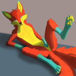 animal_genitalia anthro biped black_nose blue_hands blue_markings blue_tail_tip claws digitigrade dipstick_tail erection front_view fur genital_slit genitals gloves_(marking) hair inner_ear_fluff knot knotted_penis leg_markings looking_at_viewer lying male male_anthro markings multi_tail multicolored_body multicolored_fur nude_anthro nude_male on_back pawpads penis pink_eyes pose pupils red_body red_hair red_tail simple_background slit_pupils socks_(marking) solo tail tail_markings tapering_penis tuft white_claws yellow_body yellow_inner_ear_fluff yellow_pawpads red_the_kitsune red_(red_the_kitsune) canid canine fox mammal 1:1 2025 absurd_res cel_shading digital_media_(artwork) full-length_portrait hi_res portrait shaded watermark