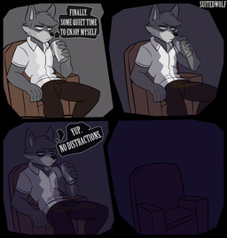 5_fingers anthro armchair blank_expression chair clothed clothing collared_shirt container cup darkness drinking drinking_glass fingers fur furniture glass glass_container glass_cup grey_body grey_fur inner_monologue male night shirt sitting solo text thinking topwear suitedwolfie k_(suitedwolfie) canid canine canis mammal wolf comic english_text hi_res
