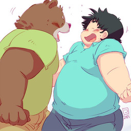 anthro belly blush bottomwear brown_body brown_fur clothing dancing duo eyes_closed fur human_on_anthro humanoid_hands interspecies kemono male male/male overweight overweight_male pants shirt topwear conoji bear human mammal 1:1 2015