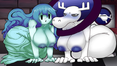 albino all_fours anthro antlers areola big_breasts black_eyes blue_areola blue_hair blue_nipples blush breasts duo eyelashes female front_view fur green_body grey_sclera hair hooves horn long_hair looking_at_viewer nipples open_mouth thick_thighs white_antlers white_body white_eyes white_fur wide_hips whitewo1f spooky's_jump_scare_mansion spooky_(sjm) deer ghost humanoid mammal moose new_world_deer spirit 16:9 hi_res widescreen