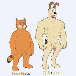 anthro balls duo flaccid fur genitals glans grey_background male muscular muscular_male nipples nude orange_body orange_fur overweight overweight_male penis simple_background standing tail text white_background yellow_body jrjresq garfield_(series) garfield_the_cat odie_the_dog canid canine canis domestic_cat domestic_dog felid feline felis mammal 1:1 english_text hi_res