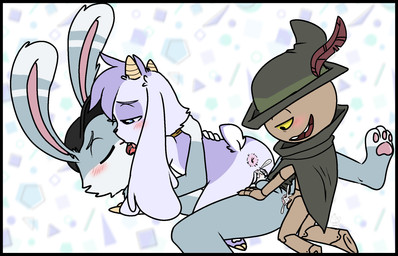 anal anal_penetration anthro balls bell bell_collar bisexual bisexual_sandwich blush bodily_fluids butt clothed clothing collar cum female female_penetrated french_kissing fur genital_fluids genitals group group_sex hat hat_feather headgear headwear horn kissing long_ears loose_feather male male/female male/male male_penetrated male_penetrating nude open_mouth penetration penile penis puppet purple_body purple_fur sandwich_position sex simple_background smile tail teeth threesome tongue tongue_out topwear trio vaginal white_body white_fur wood young young_anthro conditional_dnp muffinlewds billie_bust_up billie_(billie_bust_up) fantoccio ray_the_vigilante bovid caprine domestic_goat goat humanoid lagomorph leporid living_puppet mammal rabbit digital_media_(artwork) hi_res nonbinary_(lore)