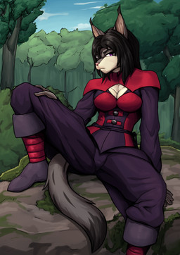 anthro clothed clothing cloud dark_hair day detailed_background female forest fully_clothed hair hand_on_leg looking_at_viewer moss outside plant purple_eyes rock short_hair sitting sky solo tree za-owl elwyna_(za-owl) domestic_cat felid feline felis mammal 2026 absurd_res digital_drawing_(artwork) digital_media_(artwork) hi_res