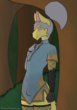 anthro armwear blue_eyes bulge clothed clothing crossdressing dress embarrassed facial_hair femboy fishnet_armwear fishnet_clothing fishnet_legwear fishnet_thigh_highs forest forest_background grey_hair hair legwear male nature nature_background plant prosthetic prosthetic_arm prosthetic_limb shy solo thigh_highs tree terrytheartguy terrell_(terrytheartguy) canid canine fox mammal absurd_res hi_res