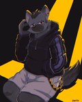 anthro black_hair blush bottomwear clothing ear_piercing eyebrow_piercing facial_piercing fur grey_body grey_fur hair hoodie looking_at_viewer male piercing shorts sitting solo tail topwear kentachen27 arknights hypergryph studio_montagne spot_(arknights) hyena mammal spotted_hyena 2022 hi_res