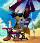 alcohol ambiguous_gender anthro beach beach_chair beverage bivalve_shell braixen cloud cocktail_glass container cup cute_fangs detailed_background drinking_glass extyrannomon_(artist) eyewear feral fur generation_6_pokemon glass glass_container glass_cup hi_res light looking_at_viewer mollusk_shell nintendo plant pokemon pokemon_(species) relaxing sand sea seaside shell shrub solo sunglasses sunlight umbrella under_shade water yellow_body yellow_fur