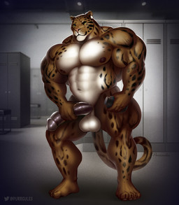 4_toes 5_fingers abs anthro areola balls biceps big_balls big_muscles big_penis biped countershading ear_piercing feet fingers genitals holding_object huge_muscles huge_penis huge_thighs humanoid_genitalia humanoid_penis inside locker locker_room male muscular muscular_anthro muscular_male muscular_thighs navel nipples nude pecs penis penis_grab piercing pose quads smile solo standing thick_thighs toes vein veiny_penis yellow_eyes purrcules_(artist) benji_(mainlion) clouded_leopard felid mammal pantherine digital_media_(artwork) hi_res pinup