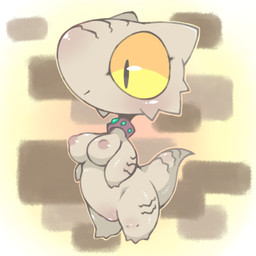 abstract_background anthro areola big_breasts big_head biped blush breasts chibi collar female glistening glistening_body grey_body nipples nude orange_eyes scales semi-anthro smile solo standing three-quarter_view toony yellow_eyes mukomizu_kintora lizard reptile scalie 1:1 digital_media_(artwork) full-length_portrait hi_res portrait