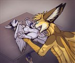 animal_genitalia anthro bodily_fluids cloaca cum cunnilingus duo feathers female fur furniture genital_fluids genitals licking licking_cum male male/female oral pawpads paws scales sex size_difference smaller_female table tongue tongue_out vaginal shadarrius mythology etis kiry avali dragon mythological_creature mythological_scalie scalie hi_res