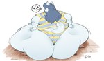 anthro back_fat big_butt butt clothing fat_arms female fur grey_hair hair huge_butt huge_hips obese obese_anthro obese_female overweight overweight_anthro overweight_female pattern_clothing simple_background solo speech_bubble striped_clothing stripes tail thick_thighs white_background white_body white_fur white_tail wide_hips cloudboyo undertale undertale_(series) temmie_(undertale) mammal tem 2023 hi_res signature