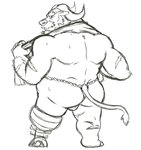 anthro asian_clothing barefoot beard bodily_fluids bulge butt clothed clothing east_asian_clothing facial_hair feet fundoshi horn japanese_clothing male mustache rear_view scar simple_background solo sweat topless underwear white_background thegreatmatsutzu lifewonders tokyo_afterschool_summoners ahab_(tas) bovid bovine mammal black_and_white monochrome sketch