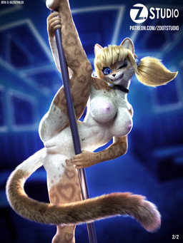 5_fingers anthro areola bent_leg big_breasts biped black_nose blonde_hair blue_eyes blurred_background breasts brown_body brown_fur butt collar dancing dutch_angle eyelashes female fingers flexible front_view fur fur_markings genitals groin_dips hair innie_vulva looking_at_viewer markings multicolored_body multicolored_fur navel nipples nude on_one_leg one_eye_closed one_leg_up pigtails pink_areola pink_nipples plump_labia pole pole_dancing raised_leg small_waist smile solo splits spread_legs spreading standing text vertical_splits vulva whiskers wink zorryn dita_(olexey_oleg) felid feline jaguar mammal pantherine 3:4 3d_(artwork) absurd_res detailed digital_media_(artwork) hi_res portrait three-quarter_portrait url