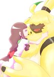 anthro blush brown_hair duo female fur hair hair_over_eyes long_ears male ponytail_ears yellow_body yellow_fur netiel bandai_namco digimon digimon_ghost_game angoramon_(ghost_game) ruri_tsukiyono angoramon digimon_(species) human lagomorph leporid mammal rabbit hi_res